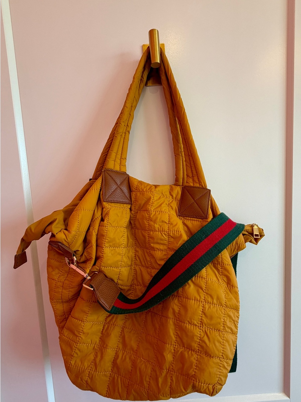 Shiraleah Quilted Mustard Tote Bag with Striped Shoulder Strap